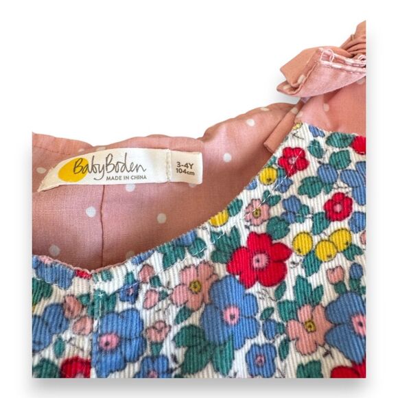 Mini Boden Liberty Floral Fine Corded Overalls 3-4Y Bows Polka Dot Lining EUC - Picture 3 of 3